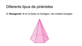 Diferents tipus de piràmides
3. Hexagonal: té en la base un hexàgon i als costats triangles
 