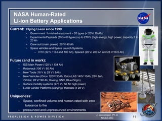 NASA Human-Rated Li-ion Battery Applications 
Current: Flying Li-ion since 1999 
•Government furnished equipment ~ 20 types (< 20V/ 10 Ah) 
•Experiments/Payloads (55 to 60 types) up to 270 V (high energy, high power, capacity 2 to 20 Ah 
•Crew suit (main power) 20 V/ 40 Ah 
•Space vehicles and Space Launch Systems 
–HTV (32 V / 174 and 100 Ah), SpaceX (28 V/ 200 Ah and 28 V/16.5 Ah) 
Future (and in work): 
–ISS Main Power (120 V / 134 Ah) 
–Robonaut (106 V / 60 Ah) 
–New Tools (18 V to 28 V / 8Ah) 
–New Vehicles (Orion 120V/ 30Ah; Orion LAS 140V 10Ah, 28V 1Ah; 
Orbital, 28 V/190 Ah; Boeing, SNC, Blue Origin) 
–Surface mobility systems (270 V / 60 Ah high power) 
–Lunar Lander Platforms (varying); Habitats (≥ 28 V) 
Uniqueness: 
–Space, confined volume and human-rated with zero 
tolerance to fire 
–pressurized and unpressurized environments 
11 
J. Jeevarajan, Ph.D. 
NASA-JSC  