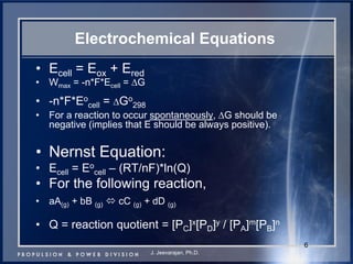 6 
Electrochemical Equations 
•Ecell = Eox + Ered 
•Wmax = -n*F*Ecell = ΔG 
•-n*F*Eocell = ΔGo298 
•For a reaction to occur spontaneously, ΔG should be negative (implies that E should be always positive). 
•Nernst Equation: 
•Ecell = Eocell – (RT/nF)*ln(Q) 
•For the following reaction, 
•aA(g) + bB (g)  cC (g) + dD (g) 
•Q = reaction quotient = [PC]x[PD]y / [PA]m[PB]n 
J. Jeevarajan, Ph.D.  