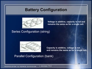 8 
Battery Configuration 
Series Configuration (string) 
Parallel Configuration (bank) 
Voltage is additive, capacity is not and 
remains the same as for a single cell. 
Capacity is additive, voltage is not 
and remains the same as for a single cell. 
J. Jeevarajan, Ph.D.  