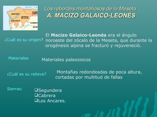 Los rebordes montañosos de la MesetaLos rebordes montañosos de la Meseta
A. MACIZO GALAICO-LEONÉSA. MACIZO GALAICO-LEONÉS
¿Cuál es su origen?
El Macizo Galaico-Leonés era el ángulo
noroeste del zócalo de la Meseta, que durante la
orogénesis alpina se fracturó y rejuveneció.
Materiales paleozoicos
Montañas redondeadas de poca altura,
cortadas por multitud de fallas
Segundera
Cabrera
Los Ancares.
Materiales
¿Cuál es su relieve?
Sierras:
 