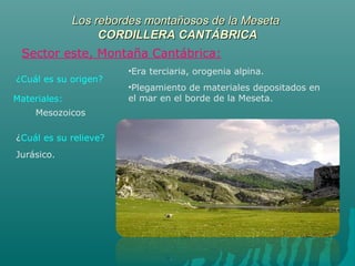 Los rebordes montañosos de la MesetaLos rebordes montañosos de la Meseta
CORDILLERA CANTÁBRICACORDILLERA CANTÁBRICA
Sector este, Montaña Cantábrica:
¿Cuál es su origen?
Materiales:
¿Cuál es su relieve?
•Era terciaria, orogenia alpina.
•Plegamiento de materiales depositados en
el mar en el borde de la Meseta.
Mesozoicos
Jurásico.
 