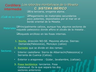 Los rebordes montañosos de la MesetaLos rebordes montañosos de la Meseta
C. SISTEMA IBÉRICOC. SISTEMA IBÉRICO
¿Cuál es su origen?
Materiales
Sectores
Era terciaria, orogenia alpina.
Plegamiento de materiales secundarios
poco potentes, depositados por el mar en el
borde oriental de la Meseta.
Principalmente calizos, aunque hay algunos sectores de
roquedo paleozoico donde aflora el zócalo de la meseta .
Roquedo arcilloso en las fosas internas.
1. Norte, dirección NO-SE. Mayores alturas. Sierras:
Demanda(Paleozoica), Moncayo (calizo)
2. Sureste que se divide en dos ramas:
• Interior castellana: Sierra de Albarracín(Paleozoica) y
Serranía de Cuenca (Caliza).
• Exterior o aragonesa : Gúdar, Javalambre, (calizas).
3. Fosa tectónica: terciarios. Fosa
Calatayud. Es la que separa los dos
sectores anteriores
Cordillera
intermedia
 