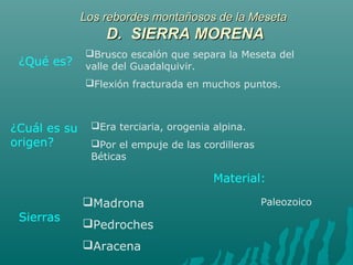 Los rebordes montañosos de la MesetaLos rebordes montañosos de la Meseta
D. SIERRA MORENAD. SIERRA MORENA
¿Cuál es su
origen?
Material:
Brusco escalón que separa la Meseta del
valle del Guadalquivir.
Flexión fracturada en muchos puntos.
Era terciaria, orogenia alpina.
Por el empuje de las cordilleras
Béticas
PaleozoicoMadrona
Pedroches
Aracena
Sierras
¿Qué es?
 