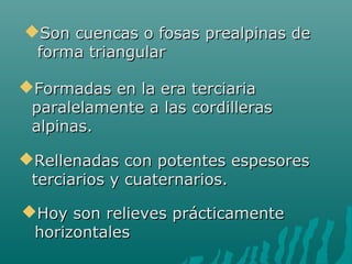 Son cuencas o fosas prealpinas deSon cuencas o fosas prealpinas de
forma triangularforma triangular
Formadas en la era terciariaFormadas en la era terciaria
paralelamente a las cordillerasparalelamente a las cordilleras
alpinas.alpinas.
Rellenadas con potentes espesoresRellenadas con potentes espesores
terciarios y cuaternarios.terciarios y cuaternarios.
Hoy son relieves prácticamenteHoy son relieves prácticamente
horizontaleshorizontales
 