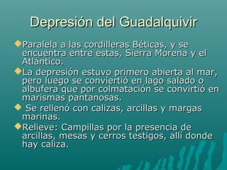 Depresión del GuadalquivirDepresión del Guadalquivir
Paralela a las cordilleras Béticas, y seParalela a las cordilleras Béticas, y se
encuentra entre estas, Sierra Morena y elencuentra entre estas, Sierra Morena y el
Atlántico.Atlántico.
La depresión estuvo primero abierta al mar,La depresión estuvo primero abierta al mar,
pero luego se conviertió en lago salado opero luego se conviertió en lago salado o
albufera que por colmatación se convirtió enalbufera que por colmatación se convirtió en
marismas pantanosas.marismas pantanosas.
 Se rellenó con calizas, arcillas y margasSe rellenó con calizas, arcillas y margas
marinas.marinas.
Relieve: Campillas por la presencia deRelieve: Campillas por la presencia de
arcillas, mesas y cerros testigos, allí dondearcillas, mesas y cerros testigos, allí donde
hay caliza.hay caliza.
 