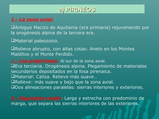 1.- La zona axial:
Antiguo Macizo de Aquitania (era primaria) rejuvenecido por
la orogénesis alpina de la tercera era.
Material paleozoico.
Relieve abrupto, con altas cotas: Aneto en los Montes
Malditos y el Monte Perdido.
2.- Los prepirineos, Al sur de la zona axial.
Era terciaria. Orogénesis alpina. Plegamiento de materiales
secundarios depositados en la fosa pirenaica.
Material: Caliza. Relieve más suave .
Relieve: más suave y bajo que la zona axial.
Dos alineaciones paralelas: sierras interiores y exteriores.
a) PIRINEOSa) PIRINEOS
3.- Depresión media: Larga y estrecha con predominio de
marga, que separa las sierras interiores de las exteriores.
 