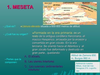 1. MESETA1. MESETA
- ¿Qué es? ♦Llanura elevada situada a 600-800 metros de altitud.
- ¿Cuál fue su origen?
♦Formada en la era primaria,, eses unun
restoresto de la antigua cordillera Herciniana, elde la antigua cordillera Herciniana, el
macizo Hespérico, arrasada por la erosión ymacizo Hespérico, arrasada por la erosión y
convertida en gran zócalo. En la eraconvertida en gran zócalo. En la era
terciaria: Se orientó hacia el Atlántico y elterciaria: Se orientó hacia el Atlántico y el
gran zócalo fue deformado y destruido engran zócalo fue deformado y destruido en
gran parte., quedando:gran parte., quedando:
- Partes que la
componen:
A.A. El zócalo,El zócalo,
B.B. Las sierras interioresLas sierras interiores
C.C. LLas cuencas sedimentariasas cuencas sedimentarias
interioresinteriores.
Altitud de Zamora 650
m, Burgos 860 m .
Referencia nuestra:
Bilbao, nivel del mar,
Zaragoza 210, Logroño.
380
 