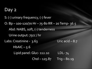 S: (-) urinary frequency, (-) fever O: Bp – 100-120/70 Hr – 75-80 RR – 20 Temp- 36.5 Abd: NABS, soft, (-) tenderness Urine output: 75cc / hr Labs: Creatinine -  3.63   Uric acid – 8.7 HbAIC – 5.6 Lipid panel: Gluc- 112.10   LDL- 74 Chol – 125.87  Trig – 80.19 Day 2 