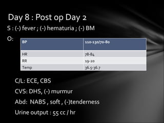 S : (-) fever ; (-) hematuria ; (-) BM O: C/L: ECE, CBS CVS: DHS, (-) murmur Abd:  NABS , soft , (-)tenderness Urine output : 55 cc / hr Day 8 : Post op Day 2 BP 110-130/70-80 HR 78-84 RR 19-20 Temp 36.5-36.7 