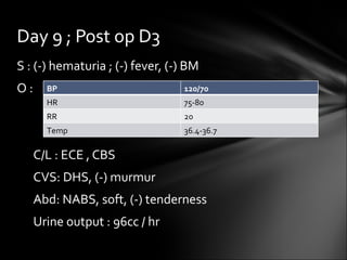 S : (-) hematuria ; (-) fever, (-) BM O : C/L : ECE , CBS CVS: DHS, (-) murmur Abd: NABS, soft, (-) tenderness  Urine output : 96cc / hr  Day 9 ; Post op D3 BP 120/70 HR 75-80 RR 20 Temp 36.4-36.7 