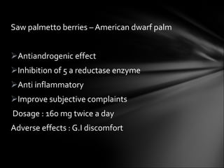 Saw palmetto berries – American dwarf palm Antiandrogenic effect Inhibition of 5 a reductase enzyme Anti inflammatory Improve subjective complaints Dosage : 160 mg twice a day Adverse effects : G.I discomfort 