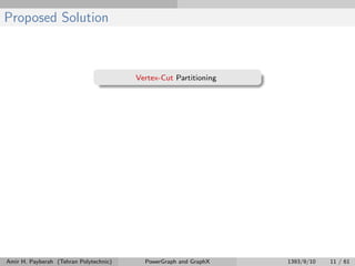 Proposed Solution
Vertex-Cut Partitioning
Amir H. Payberah (Tehran Polytechnic) PowerGraph and GraphX 1393/9/10 11 / 61
 