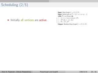 Scheduling (2/5)
Initially all vertices are active.
Amir H. Payberah (Tehran Polytechnic) PowerGraph and GraphX 1393/9/10 24 / 61
 