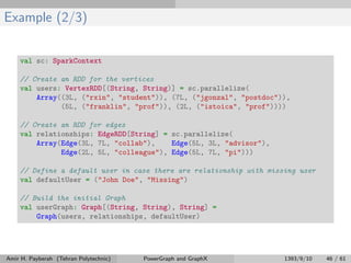Example (2/3)
val sc: SparkContext
// Create an RDD for the vertices
val users: VertexRDD[(String, String)] = sc.parallelize(
Array((3L, ("rxin", "student")), (7L, ("jgonzal", "postdoc")),
(5L, ("franklin", "prof")), (2L, ("istoica", "prof"))))
// Create an RDD for edges
val relationships: EdgeRDD[String] = sc.parallelize(
Array(Edge(3L, 7L, "collab"), Edge(5L, 3L, "advisor"),
Edge(2L, 5L, "colleague"), Edge(5L, 7L, "pi")))
// Define a default user in case there are relationship with missing user
val defaultUser = ("John Doe", "Missing")
// Build the initial Graph
val userGraph: Graph[(String, String), String] =
Graph(users, relationships, defaultUser)
Amir H. Payberah (Tehran Polytechnic) PowerGraph and GraphX 1393/9/10 46 / 61
 