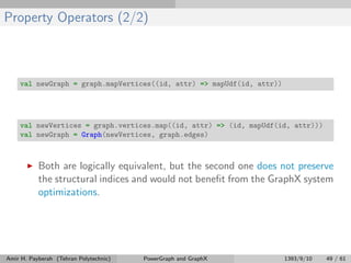 Property Operators (2/2)
val newGraph = graph.mapVertices((id, attr) => mapUdf(id, attr))
val newVertices = graph.vertices.map((id, attr) => (id, mapUdf(id, attr)))
val newGraph = Graph(newVertices, graph.edges)
Both are logically equivalent, but the second one does not preserve
the structural indices and would not beneﬁt from the GraphX system
optimizations.
Amir H. Payberah (Tehran Polytechnic) PowerGraph and GraphX 1393/9/10 49 / 61
 