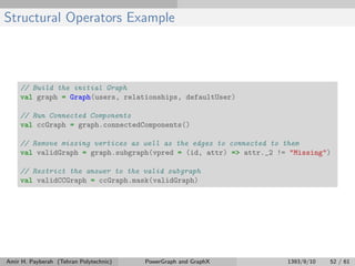 Structural Operators Example
// Build the initial Graph
val graph = Graph(users, relationships, defaultUser)
// Run Connected Components
val ccGraph = graph.connectedComponents()
// Remove missing vertices as well as the edges to connected to them
val validGraph = graph.subgraph(vpred = (id, attr) => attr._2 != "Missing")
// Restrict the answer to the valid subgraph
val validCCGraph = ccGraph.mask(validGraph)
Amir H. Payberah (Tehran Polytechnic) PowerGraph and GraphX 1393/9/10 52 / 61
 