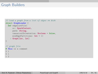 Graph Builders
// load a graph from a list of edges on disk
object GraphLoader {
def edgeListFile(
sc: SparkContext,
path: String,
canonicalOrientation: Boolean = false,
minEdgePartitions: Int = 1)
: Graph[Int, Int]
}
// graph file
# This is a comment
2 1
4 1
1 2
Amir H. Payberah (Tehran Polytechnic) PowerGraph and GraphX 1393/9/10 54 / 61
 