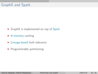 GraphX and Spark
GraphX is implemented on top of Spark
In-memory caching
Lineage-based fault tolerance
Programmable partitioning
Amir H. Payberah (Tehran Polytechnic) PowerGraph and GraphX 1393/9/10 55 / 61
 