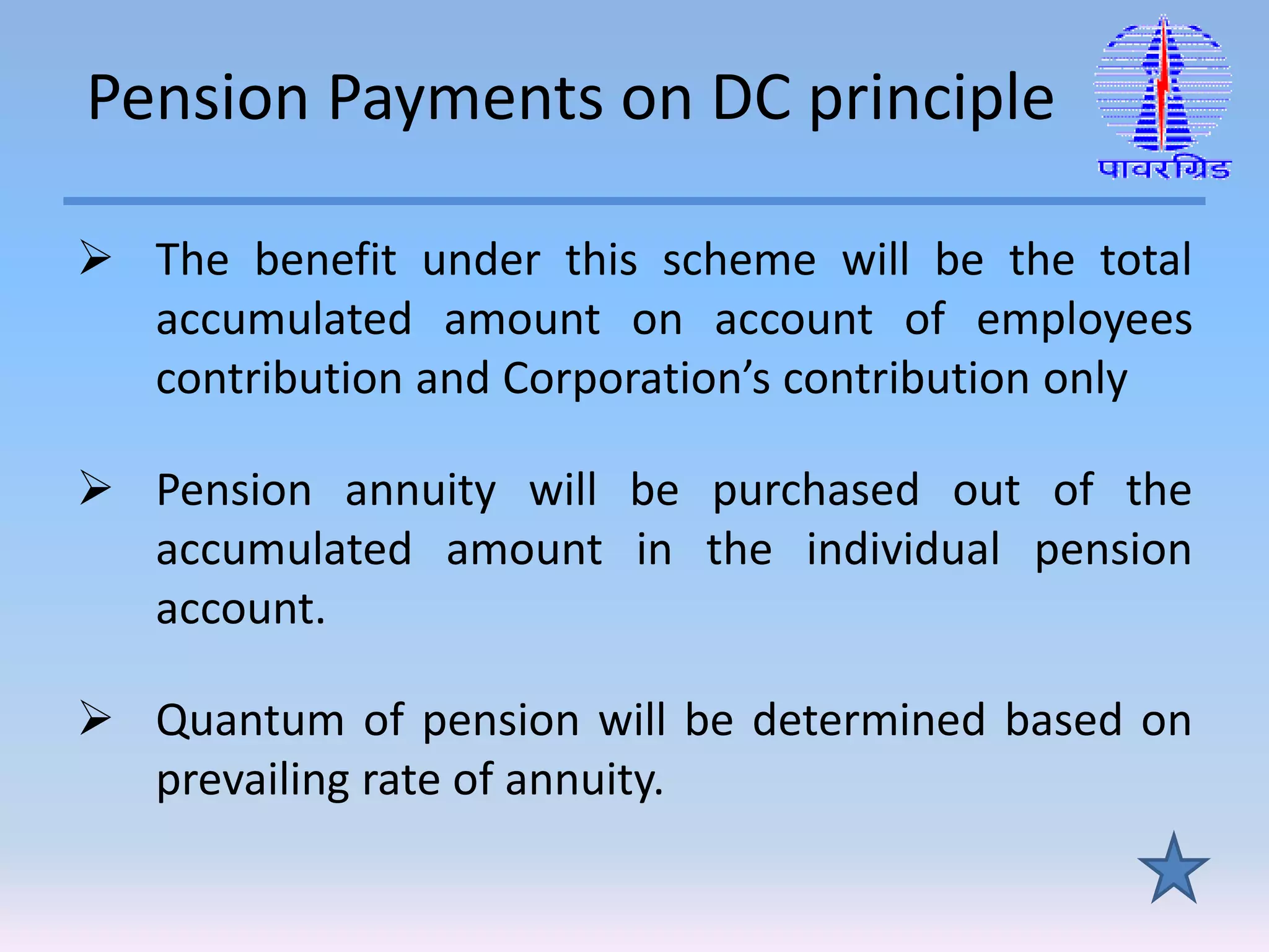 Pension Payments on DC principle
 The benefit under this scheme will be the total
accumulated amount on account of employees
contribution and Corporation’s contribution only
 Pension annuity will be purchased out of the
accumulated amount in the individual pension
account.
 Quantum of pension will be determined based on
prevailing rate of annuity.
 