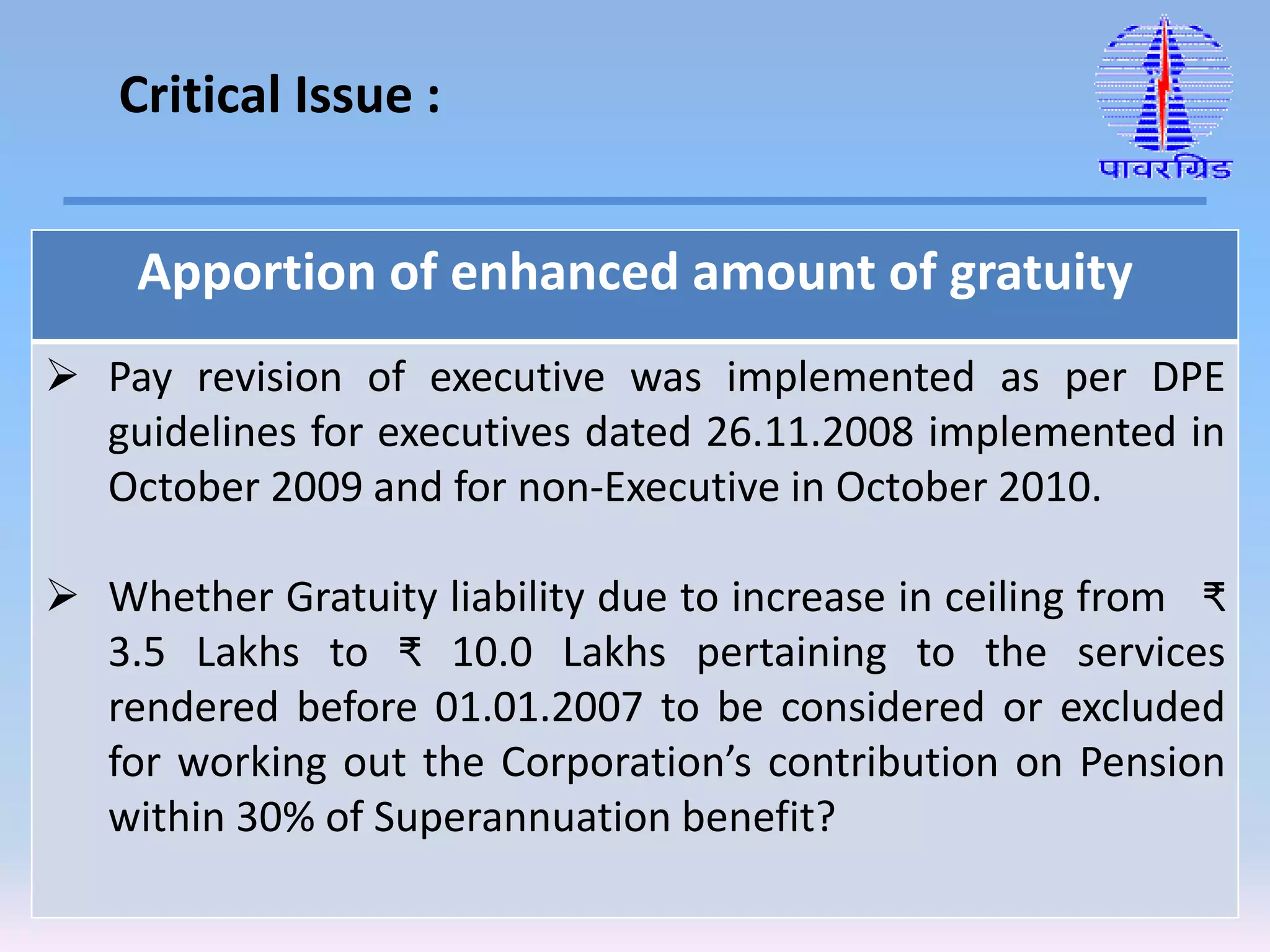 Critical Issue :
Apportion of enhanced amount of gratuity
 Pay revision of executive was implemented as per DPE
guidelines for executives dated 26.11.2008 implemented in
October 2009 and for non-Executive in October 2010.
 Whether Gratuity liability due to increase in ceiling from ₹
3.5 Lakhs to ₹ 10.0 Lakhs pertaining to the services
rendered before 01.01.2007 to be considered or excluded
for working out the Corporation’s contribution on Pension
within 30% of Superannuation benefit?
 