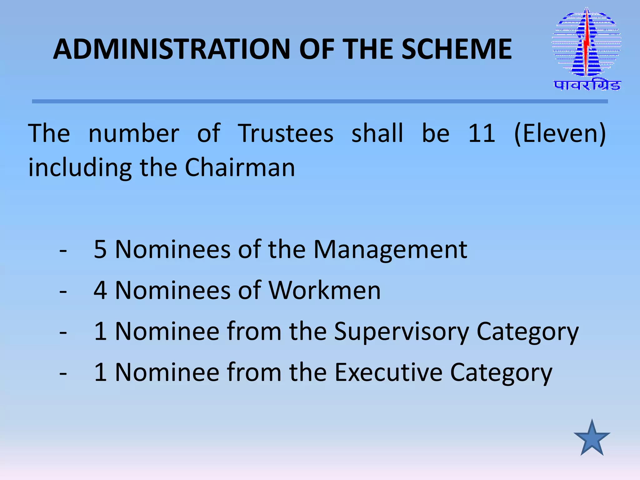 ADMINISTRATION OF THE SCHEME
The number of Trustees shall be 11 (Eleven)
including the Chairman
- 5 Nominees of the Management
- 4 Nominees of Workmen
- 1 Nominee from the Supervisory Category
- 1 Nominee from the Executive Category
 