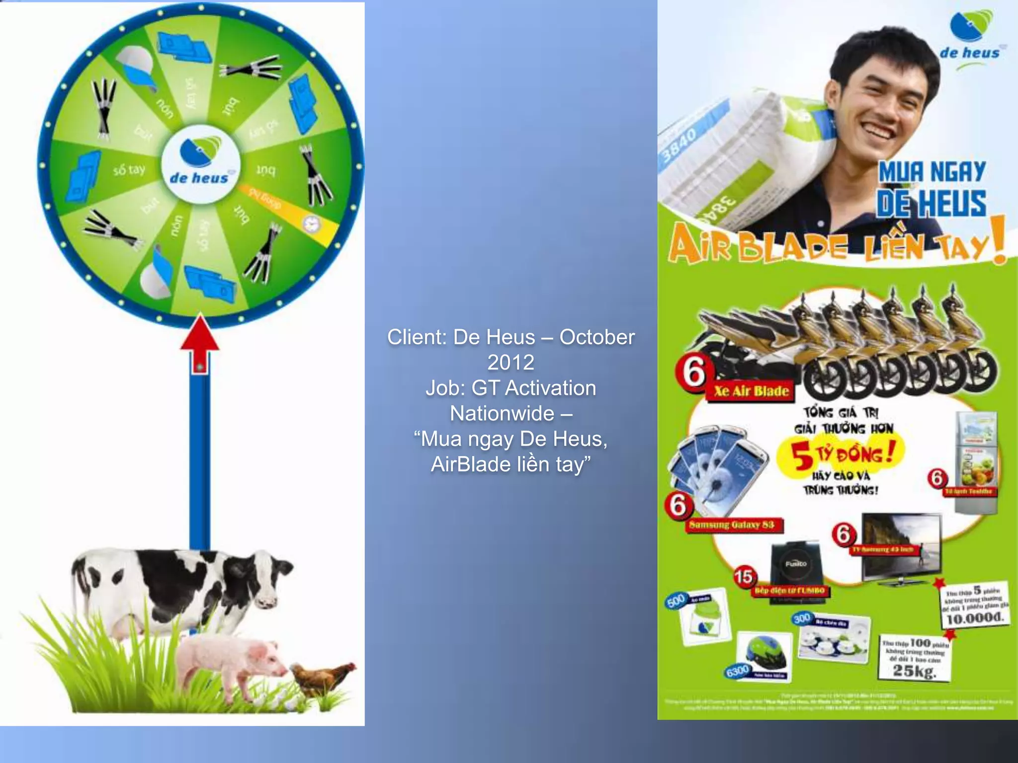 Client: De Heus – October
           2012
    Job: GT Activation
       Nationwide –
   “Mua ngay De Heus,
     AirBlade liền tay”
 