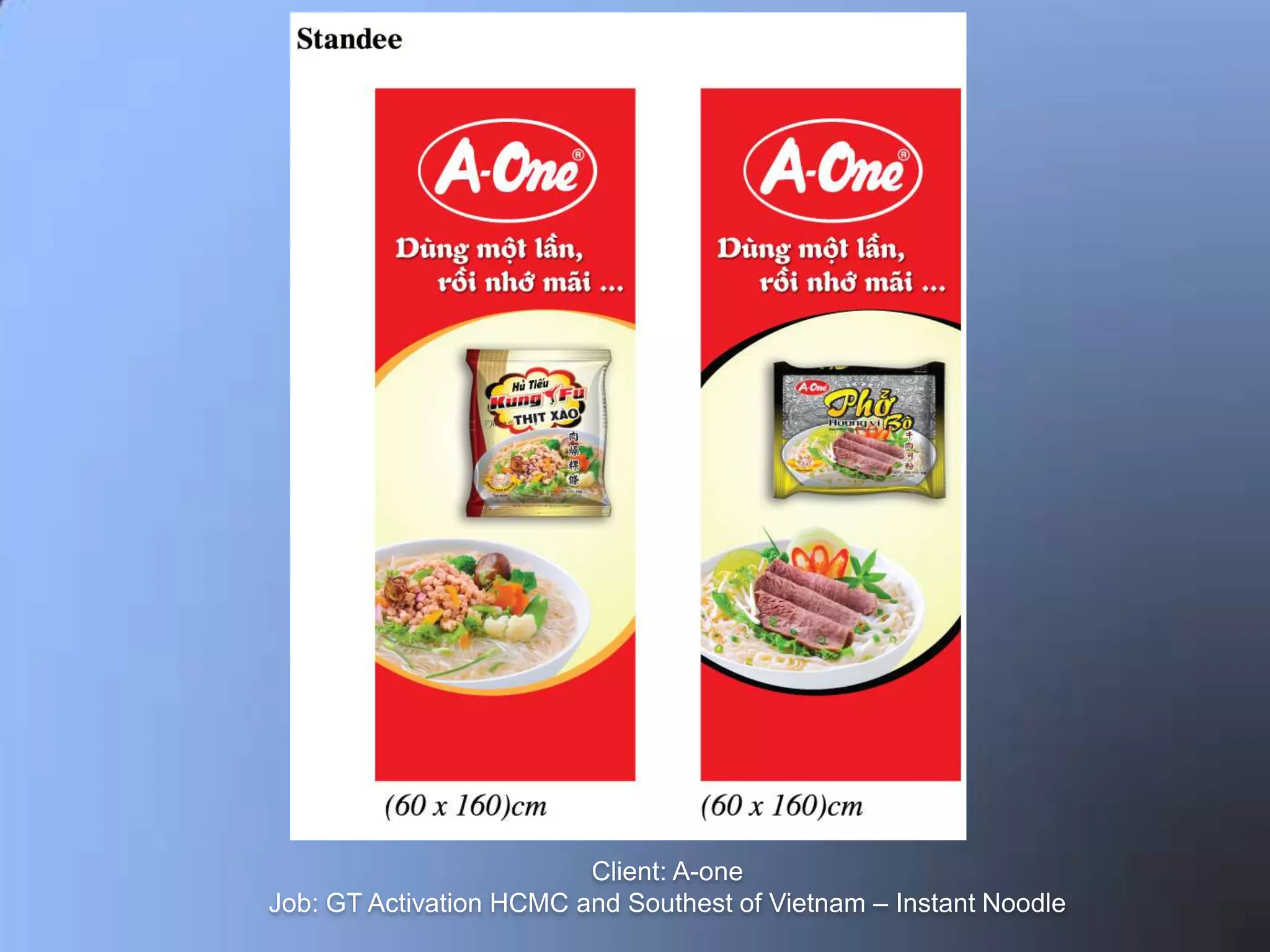 Client: A-one
Job: GT Activation HCMC and Southest of Vietnam – Instant Noodle
 