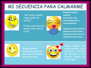 MI SECUENCIA PARA CALMARME
                             Después puedo
       ¡Así estoy cuando     respirar
      tengo ganas de         tres veces muy
      luchar!                profundamente y
                             muy despacio:
      Primero aprieto mis
      manos unas contra      - Despacio hacia dentro.
      otras.                 - Despacio hacia fuera.
                             - Despacio hacia dentro.
                             - Despacio hacia fuera.



                               Puedo pensar en
     Después puedo             cosas bonitas, como
     sentarme y cerrar los     mi perro o mi león
     ojos. Ahora me siento     de peluche, o en
     entre dos y tres.         nuestra familia de
                               vacaciones.
 
