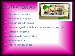 ESTRATEGIAS
 Controlar el ambiente
 Simplificar el lenguaje.
 Emplear apoyos visuales.
 Crear una agenda equilibrada que conserve la energía.
 Distribuir la agenda.
 Sitio calmado, tono positivo.
 Vivir en voz alta.
 Proporcionar seguridad
 