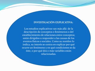 INVESTIGACIÓN EXPLICATIVA:
Los estudios explicativos van más allá de la
descripción de conceptos o fenómenos o del
establecimiento de relaciones entre conceptos;
están dirigidos u responder a las causas de los
eventos físicos o sociales. Como su nombre lo
indica, su interés se centra en explicar por qué
ocurre un fenómeno y en qué condiciones se da
éste, o por qué dos o más variables están
relacionadas.
 