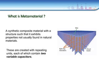 What is Metamaterial ?
A synthetic composite material with a
structure such that it exhibits
properties not usually found in natural
materials.
These are created with repeating
units, each of which contain two
variable capacitors.
 
