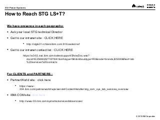 © 2013 IBM Corporation
IBM Power Systems
We have presence in each geography:
 Ask your local STG technical Director
 Get to our intranet site : CLICK HERE
 http://stgls01.rchland.ibm.com:81/toasted.nsf
 Get to our intranet contact list : CLICK HERE
https://w3-03.sso.ibm.com/sales/support/ShowDoc.wss?
docid=E256902I27187W41&infotype=SK&infosubtype=R0&node=brands,B5000&ftext=lab
%20services%20contacts
For CLIENTS and PARTNERS :
 PartnerWorld site : click here
 https://www-
304.ibm.com/partnerworld/wps/servlet/ContentHandler/stg_com_sys_lab_services_overview
 IBM.COM site: click here
 http://www-03.ibm.com/systems/services/labservices/
How to Reach STG LS+T?
 