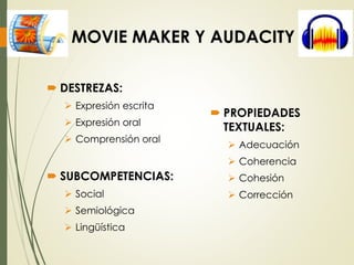 MOVIE MAKER Y AUDACITY
 DESTREZAS:
 Expresión escrita
 Expresión oral
 Comprensión oral
 SUBCOMPETENCIAS:
 Social
 Semiológica
 Lingüística
 PROPIEDADES
TEXTUALES:
 Adecuación
 Coherencia
 Cohesión
 Corrección
 