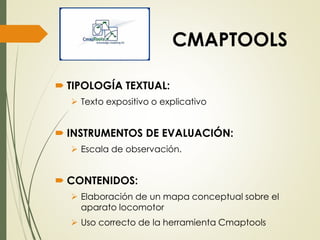 CMAPTOOLS
 TIPOLOGÍA TEXTUAL:
 Texto expositivo o explicativo
 INSTRUMENTOS DE EVALUACIÓN:
 Escala de observación.
 CONTENIDOS:
 Elaboración de un mapa conceptual sobre el
aparato locomotor
 Uso correcto de la herramienta Cmaptools
 
