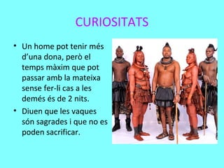 CURIOSITATS
• Un home pot tenir més
d’una dona, però el
temps màxim que pot
passar amb la mateixa
sense fer-li cas a les
demés és de 2 nits.
• Diuen que les vaques
són sagrades i que no es
poden sacrificar.
 