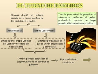 Cánovas diseñó un sistema basado en el turno pacífico de dos partidos en el poder.  Dirigido por el propio Cánovas del Castillo y heredero del moderantismo Liderado por Sagasta, al que se unirán progresistas y demócratas Ambos partidos aceptaban el juego trucado de los cambios de gobierno Tuvo la gran virtud de garantizar la alternancia pacífica en el poder, poniendo fin durante un largo periodo al intervencionismo militar El procedimiento consistía en  Partido Conservador Partido Liberal 