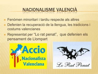 NACIONALISME VALENCIÀ


Fenòmen minoritari i tardiu respecte als altres
Defenien la recuperació de la llengua, les tradicions i
costums valencianes



Representat per “Lo rat penat”, que defenien els



pensament de Llompart

 