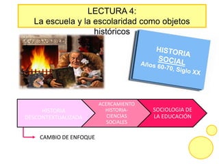LECTURA 4:
La escuela y la escolaridad como objetos
históricos
HISTORIA
DESCONTEXTUALIZADA
ACERCAMIENTO
HISTORIA-
CIENCIAS
SOCIALES
SOCIOLOGIA DE
LA EDUCACIÓN
CAMBIO DE ENFOQUE
 