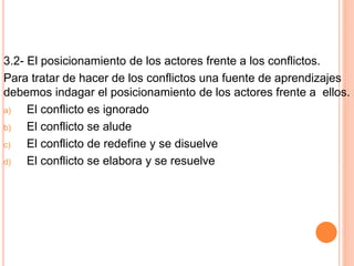 3.2- El posicionamiento de los actores frente a los conflictos.
Para tratar de hacer de los conflictos una fuente de aprendizajes
debemos indagar el posicionamiento de los actores frente a ellos.
a) El conflicto es ignorado
b) El conflicto se alude
c) El conflicto de redefine y se disuelve
d) El conflicto se elabora y se resuelve
 