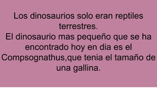 Los dinosaurios solo eran reptiles
terrestres.
El dinosaurio mas pequeño que se ha
encontrado hoy en dia es el
Compsognathus,que tenia el tamaño de
una gallina.