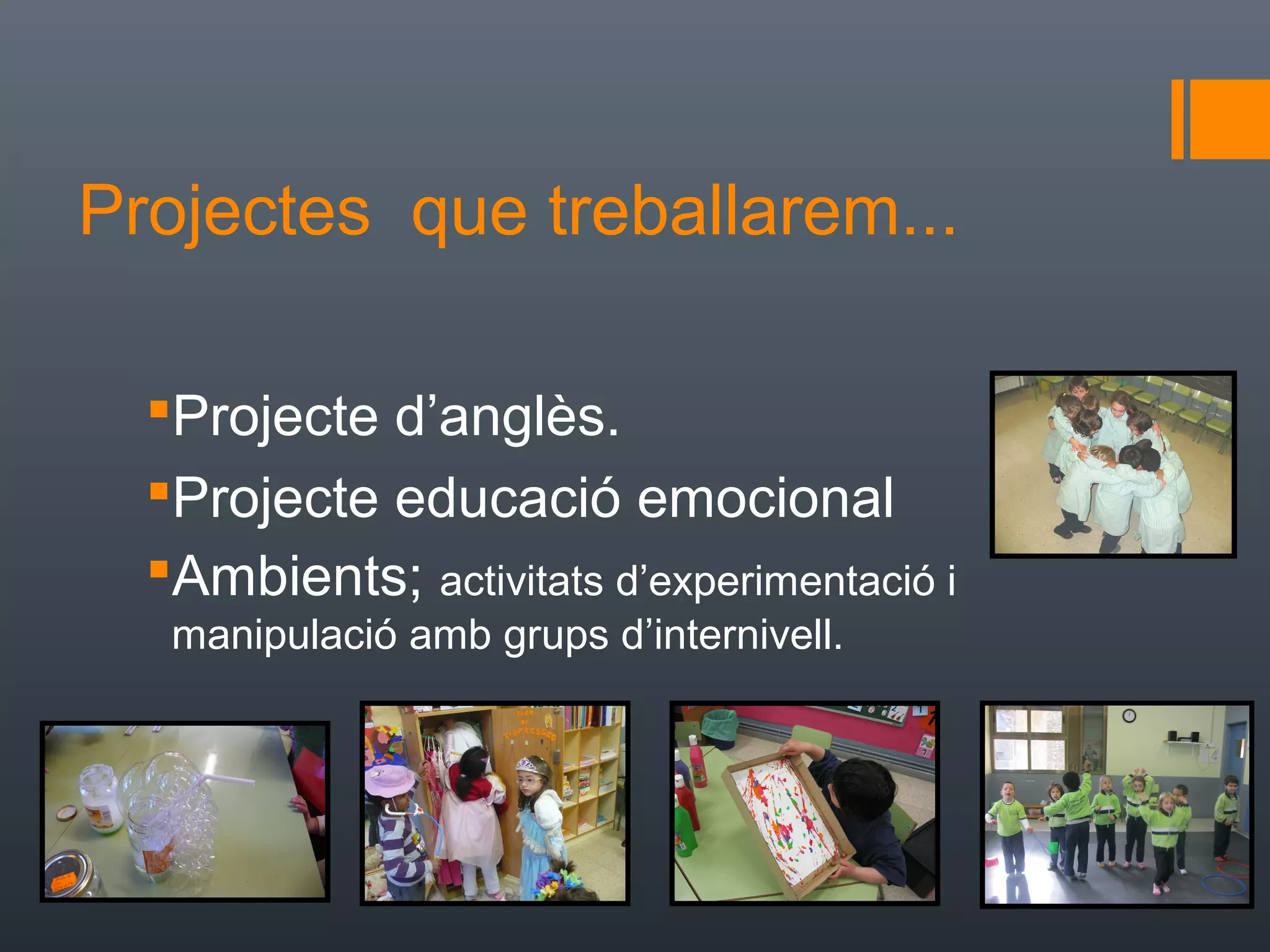 Projectes que treballarem...

  Projecte d’anglès.
  Projecte educació emocional
  Ambients; activitats d’experimentació i
   manipulació amb grups d’internivell.
 