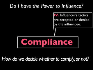 Do I have the Power to Inﬂuence?
                         IV. Inﬂuencer’s tactics
                         are accepted or denied
                         by the inﬂuencee.




         Compliance
How do we decide whether to comply, or not?
 