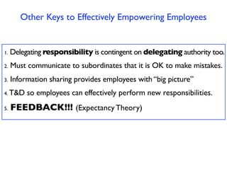 Other Keys to Effectively Empowering Employees


1.   Delegating responsibility is contingent on delegating authority too.
2.   Must communicate to subordinates that it is OK to make mistakes.
3.   Information sharing provides employees with “big picture”
4. T&D    so employees can effectively perform new responsibilities.
5.   FEEDBACK!!! (Expectancy Theory)
 