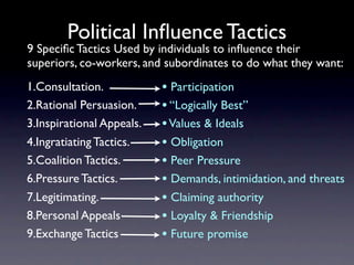 Political Inﬂuence Tactics
9 Speciﬁc Tactics Used by individuals to inﬂuence their
superiors, co-workers, and subordinates to do what they want:
1.Consultation.            • Participation
2.Rational Persuasion.     • “Logically Best”
3.Inspirational Appeals.   • Values & Ideals
4.Ingratiating Tactics.    • Obligation
5.Coalition Tactics.       • Peer Pressure
6.Pressure Tactics.        • Demands, intimidation, and threats
7.Legitimating.            • Claiming authority
8.Personal Appeals         • Loyalty & Friendship
9.Exchange Tactics         • Future promise
 