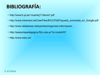 BIBLIOGRAFÍA: -  http://www3.uji.es/~huerta/j11/tema7.pdf -  http://www.intramed.net/UserFiles/B%C2%B7squeda_avanzada_en_Google.pdf -  http://www.slideshare.net/pandres/organizar-informacion -  http://asesoriapedagogica.ffyb.uba.ar/?q=node/457 -  http://www.educ.ar/ Ir al Índice 