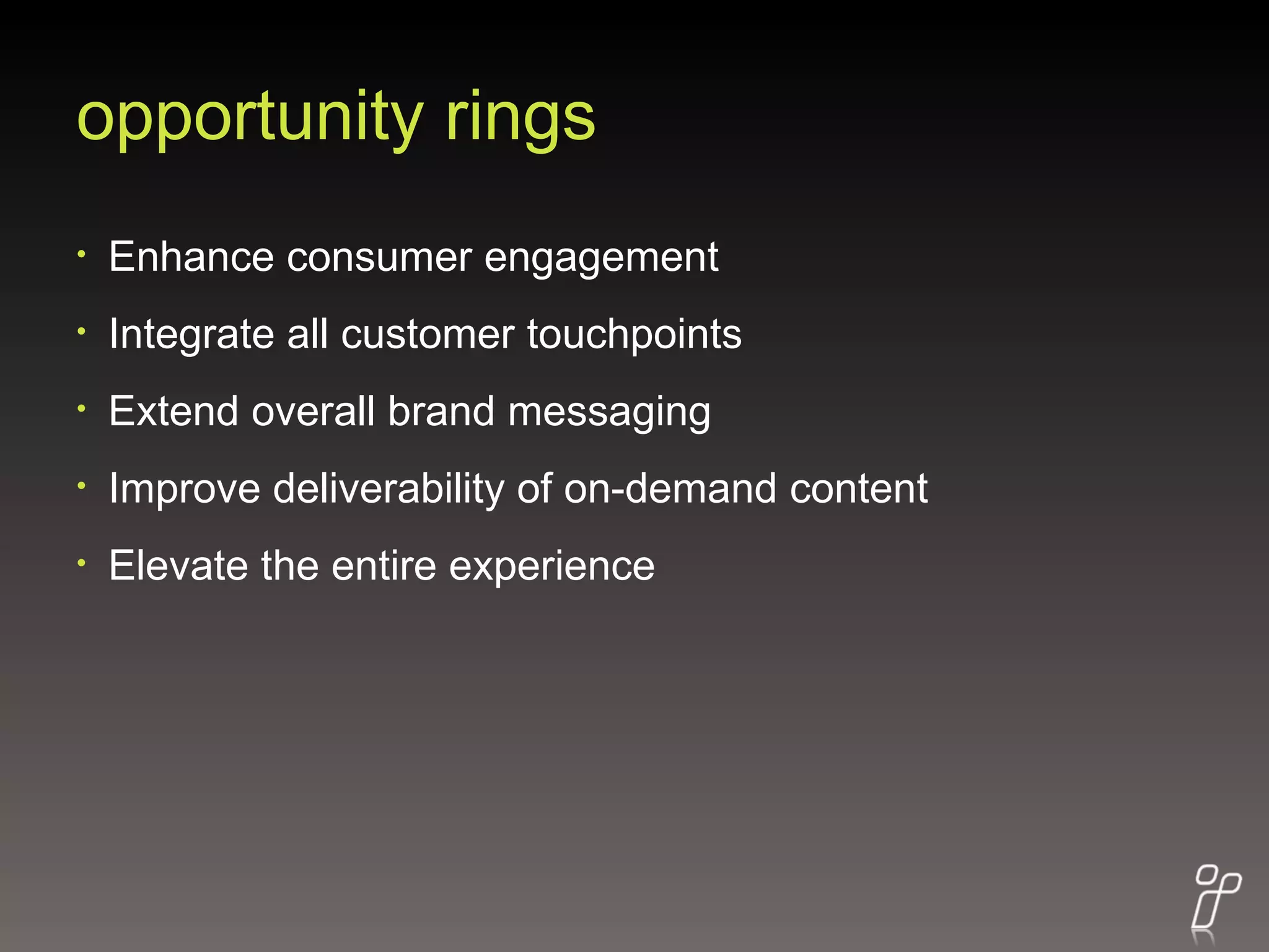 opportunity rings Enhance consumer engagement Integrate all customer touchpoints Extend overall brand messaging Improve deliverability of on-demand content Elevate the entire experience 