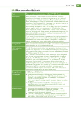 Future Fuels 54
3.2.8 Next-generation biodiesels
Fuel: Next-generation biodiesels (e.g. HVO and FT-BTL Diesel)
Description: Next-generation – or so-called ‘advanced’ second- and third-
generation – biodiesels can be produced using two very different
processes and a variety of feedstocks. They result in fuels which
have properties much closer to conventional mineral diesel than first-
generation FAME biodiesel. For this reason they are often referred to
as ‘renewable diesel fuels’ to distinguish them.
Hydrotreated vegetable oil (HVO) is produced using a process which
can be applied to oils from a wide variety of feedstocks – from
food crops such as rape, sunflower and palm to waste animal fats,
jatropha and algae oils. (Algal biofuels are sometimes known as ‘third
generation’.) HVO is currently the most common process for next-
generation biodiesel production.
The Fischer–Tropsch process is a series of chemical reactions which
can be used to convert biomass to liquid diesel (both the process
and the resultant diesel being referred to as ‘FT-BTL’). Feedstocks
can be woody energy crops, waste wood or forestry residues.
Compatibility: Next-generation biodiesel can be used in conventional compression
ignition ICEs in up to 100% blend strengths.
GHG reduction
potential:
The GHG reduction potential of next-generation biodiesel will vary
significantly depending on the feedstock and the production process.
Using the Fischer–Tropsch process on farmed or waste wood results
in GHG savings of 93–96%.
HVO can result in a much wider range of savings. When using food
oils such as rape, sunflower and palm, the savings are somewhat
better than for FAME biodiesel, but can still result in higher GHG
emissions than fossil diesel when ILUC is accounted for. At best,
sunflower oil achieves 3–7% savings, and palm oil with use of
methane capture can result in 9% savings. However, some palm oil
processes can result in 30% higher GHG emissions than fossil diesel.
Figures for HVO from Jatropha, animal fats and algae are not
available from the European Commission RED Annex V. However,
they might be expected to be significantly better.
Energy density: 44.0 MJ/kg or 34.3 MJ/litre
Advantages: •	 Next-generation biodiesel fuels are drop-in replacements for
diesel fuel, i.e. compatible up to 100% blends with current diesel
engines. This removes the need for changes to the refuelling
infrastructure and vehicles.
•	 There are no specific storage stability issues or deposit formation
problems.
•	 Next-generation biodiesel production processes can use
feedstocks which can substantially reduce ILUC impacts and
competition with food crops.
Disadvantages: •	 Next-generation biodiesel production processes are more
expensive than those for first-generation biodiesel.
•	 While HVO is now in commercial production, volumes are low
compared to first-generation biodiesel.
•	 The FT-BTL technology is currently at the pre-commercialisation
stage, and it is unlikely that this method will produce significant
quantities of fuel until the 2020s (AEA, 2011b).
 