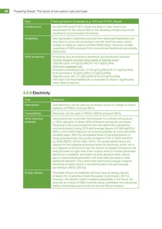 Powering Ahead: The future of low-carbon cars and fuels55
Fuel: Next-generation biodiesels (e.g. HVO and FT-BTL Diesel)
Infrastructure: As both HVO and FT-BTL diesel are drop-in fuels, there is no
requirement for the vehicle fleet or the refuelling infrastructure to be
modified to accommodate the biofuel.
Availability: Next-generation biodiesel produced from advanced feedstocks will
only start to come into production over the next five years, and is
unlikely to make an impact until the 2020s (ibid.). However, smaller
quantities of HVO produced from conventional feedstocks are already
being sold.
GHG emissions: Emissions vary according to feedstock and production process.
Fischer–Tropsch process using waste or farmed wood
Total life cycle: 4–6 gCO2
e/MJ (0.1–0.2 kgCO2
/litre)
HVO from vegetable oils
Emissions excluding ILUC: 27–62 gCO2
e/MJ (0.9–2.1 kgCO2
e/litre)
ILUC emissions: 55 gCO2
e/MJ (1.9 kgCO2
e/litre)
Total life cycle: 82–117 gCO2
e/MJ (2.8–4.0 kgCO2
e/litre)
HVO from non-food feedstocks is expected to result in significantly
lower GHG emissions.
3.2.9 Electricity
Fuel: Electricity
Description: Grid electricity can be used as an energy source to charge on-board
batteries of PHEVs and pure BEVs.
Compatibility: Electricity can be used in PHEVs, REEVs and pure BEVs.
GHG reduction
potential:
Using electricity to provide motive power in a vehicle will produce
a 100% reduction in direct GHG emissions during the use phase.
Factoring in life cycle emissions from the electricity’s generation
and transmission (using 2010 grid average figures of 0.560 kgCO2
e/
kWh), a 54% GHG reduction is currently possible on a per-kilometre-
travelled basis. With the anticipated levels of decarbonisation of
future grid electricity, this could increase to 75% in 2020 and 83%
by 2030 (DECC, 2012a; AEA, 2012). The actual performance will
depend on the marginal emissions factor for electricity, which will in
turn depend on the time of day the vehicle is charged. Emissions will
likely be lower at night-time when surplus wind or nuclear-generated
electricity is available, and higher at peak demand when natural
gas or coal powered generation will most likely be used to meet
additional demand. The current and near-future average marginal
electricity emission factor is somewhat below the grid average
according to DECC (2012a).
Energy density: The latest lithium–ion batteries still only have an energy density
of about 2% of petroleum fuels (European Commission, 2011c).
However, this density might increase substantially in the future, for
example as a result of RD currently being undertaken into advanced
battery chemistries such as lithium–air and lithium–sulphur.
 
