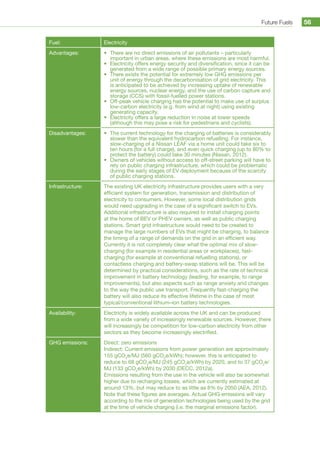 Future Fuels 56
Fuel: Electricity
Advantages: •	 There are no direct emissions of air pollutants – particularly
important in urban areas, where these emissions are most harmful.
•	 Electricity offers energy security and diversification, since it can be
generated from a wide range of possible primary energy sources.
•	 There exists the potential for extremely low GHG emissions per
unit of energy through the decarbonisation of grid electricity. This
is anticipated to be achieved by increasing uptake of renewable
energy sources, nuclear energy, and the use of carbon capture and
storage (CCS) with fossil-fuelled power stations.
•	 Off-peak vehicle charging has the potential to make use of surplus
low-carbon electricity (e.g. from wind at night) using existing
generating capacity.
•	 Electricity offers a large reduction in noise at lower speeds
(although this may pose a risk for pedestrians and cyclists).
Disadvantages: •	 The current technology for the charging of batteries is considerably
slower than the equivalent hydrocarbon refuelling. For instance,
slow-charging of a Nissan LEAF via a home unit could take six to
ten hours (for a full charge), and even quick charging (up to 80% to
protect the battery) could take 30 minutes (Nissan, 2012).
•	 Owners of vehicles without access to off-street parking will have to
rely on public charging infrastructure, which could be problematic
during the early stages of EV deployment because of the scarcity
of public charging stations.
Infrastructure: The existing UK electricity infrastructure provides users with a very
efficient system for generation, transmission and distribution of
electricity to consumers. However, some local distribution grids
would need upgrading in the case of a significant switch to EVs.
Additional infrastructure is also required to install charging points
at the home of BEV or PHEV owners, as well as public charging
stations. Smart grid infrastructure would need to be created to
manage the large numbers of EVs that might be charging, to balance
the timing of a range of demands on the grid in an efficient way.
Currently it is not completely clear what the optimal mix of slow-
charging (for example in residential areas or workplaces), fast-
charging (for example at conventional refuelling stations), or
contactless charging and battery-swap stations will be. This will be
determined by practical considerations, such as the rate of technical
improvement in battery technology (leading, for example, to range
improvements), but also aspects such as range anxiety and changes
to the way the public use transport. Frequently fast-charging the
battery will also reduce its effective lifetime in the case of most
typical/conventional lithium–ion battery technologies.
Availability: Electricity is widely available across the UK and can be produced
from a wide variety of increasingly renewable sources. However, there
will increasingly be competition for low-carbon electricity from other
sectors as they become increasingly electrified.
GHG emissions: Direct: zero emissions
Indirect: Current emissions from power generation are approximately
155 gCO2
e/MJ (560 gCO2
e/kWh); however, this is anticipated to
reduce to 68 gCO2
e/MJ (245 gCO2
e/kWh) by 2020, and to 37 gCO2
e/
MJ (133 gCO2
e/kWh) by 2030 (DECC, 2012a).
Emissions resulting from the use in the vehicle will also be somewhat
higher due to recharging losses, which are currently estimated at
around 13%, but may reduce to as little as 8% by 2050 (AEA, 2012).
Note that these figures are averages. Actual GHG emissions will vary
according to the mix of generation technologies being used by the grid
at the time of vehicle charging (i.e. the marginal emissions factor).
 